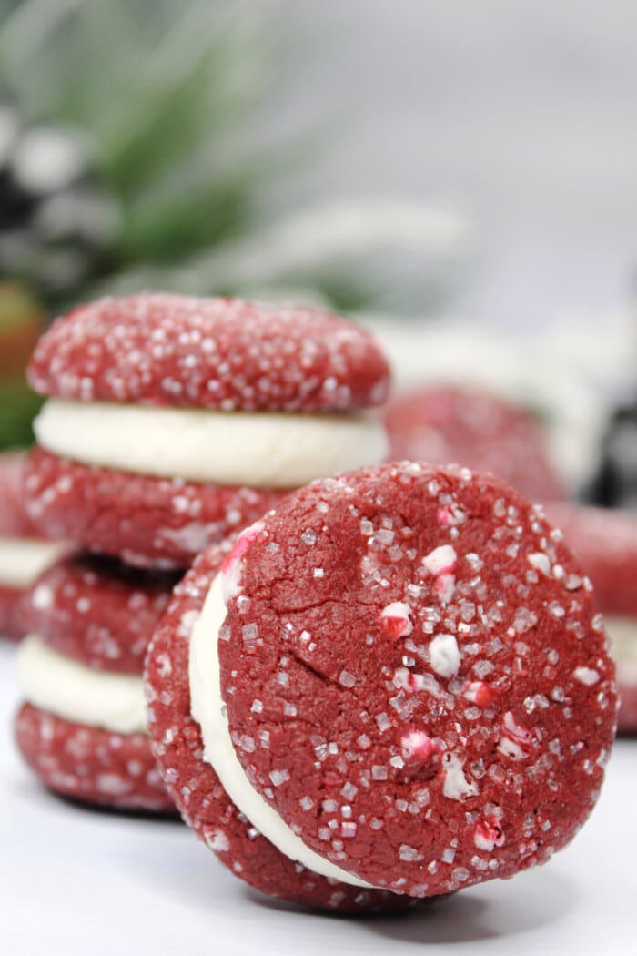 Close up of the Red Velvet Sandwich Cookies.
