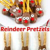 Quick and Easy Christmas Treat - Reindeer Pretzels are a sweet and salty treat made with pretzels, almond bark, candy eyes, and sprinkles.