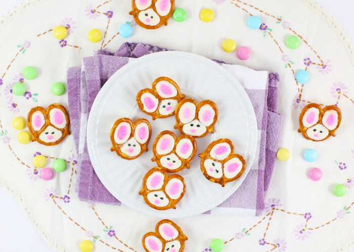 Bunny Pretzels on a white plate.
