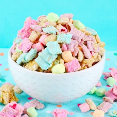 Easter Puppy Chow with a blue background.