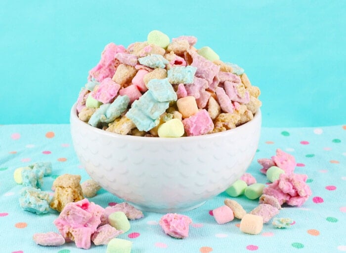 Easter Puppy Chow in a white bowl.
