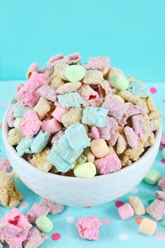 Easter Puppy Chow in a small bowl.