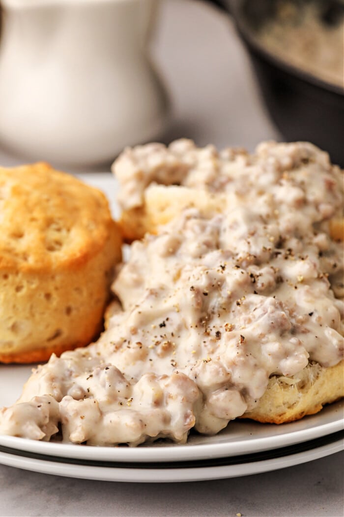 sausage gravy on top of biscuits