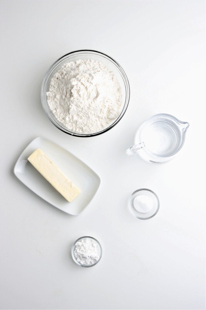 ingredients with flour, butter, water and salt