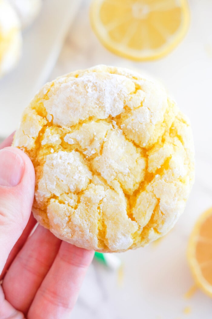 hand holding lemon crinkle cookie