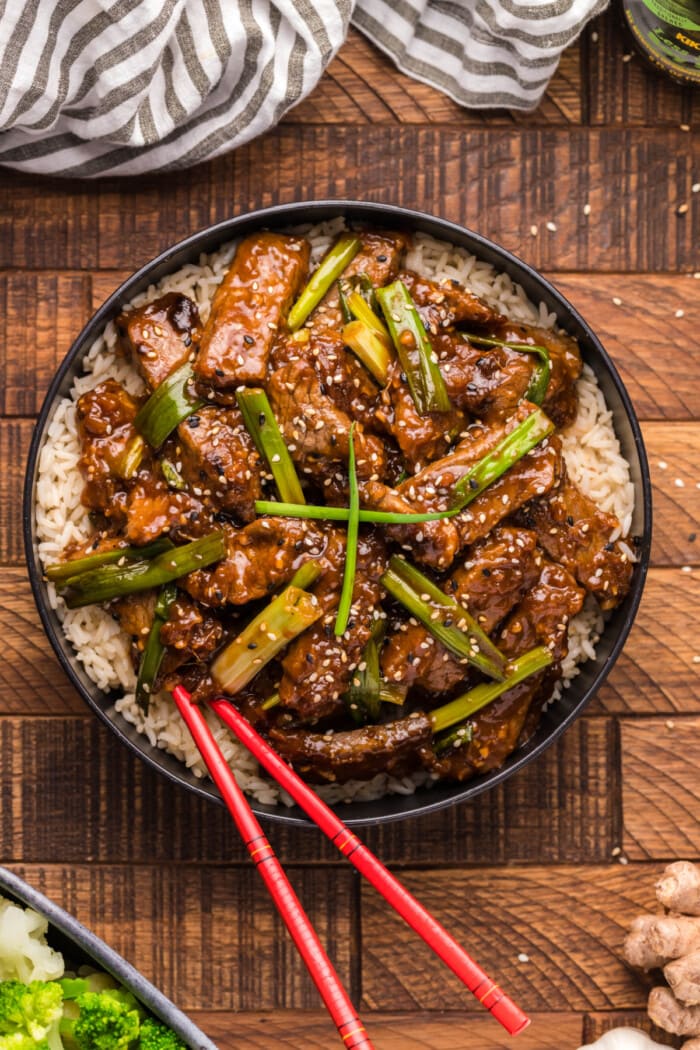 PF Chang's Mongolian Beef copycat recipe with rice in black bowl