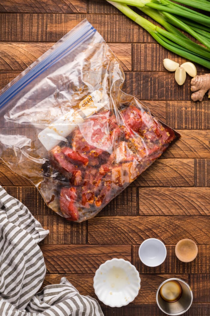 beef and seasoning marinated in plastic bag
