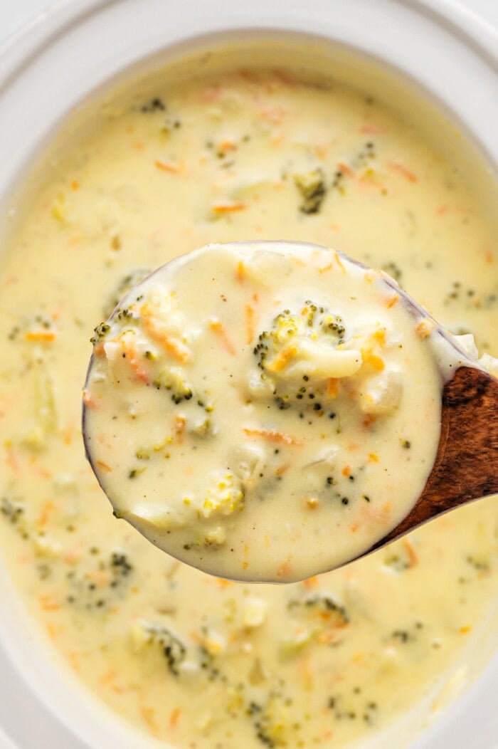 spoon with broccoli cheddar soup and slow cooker