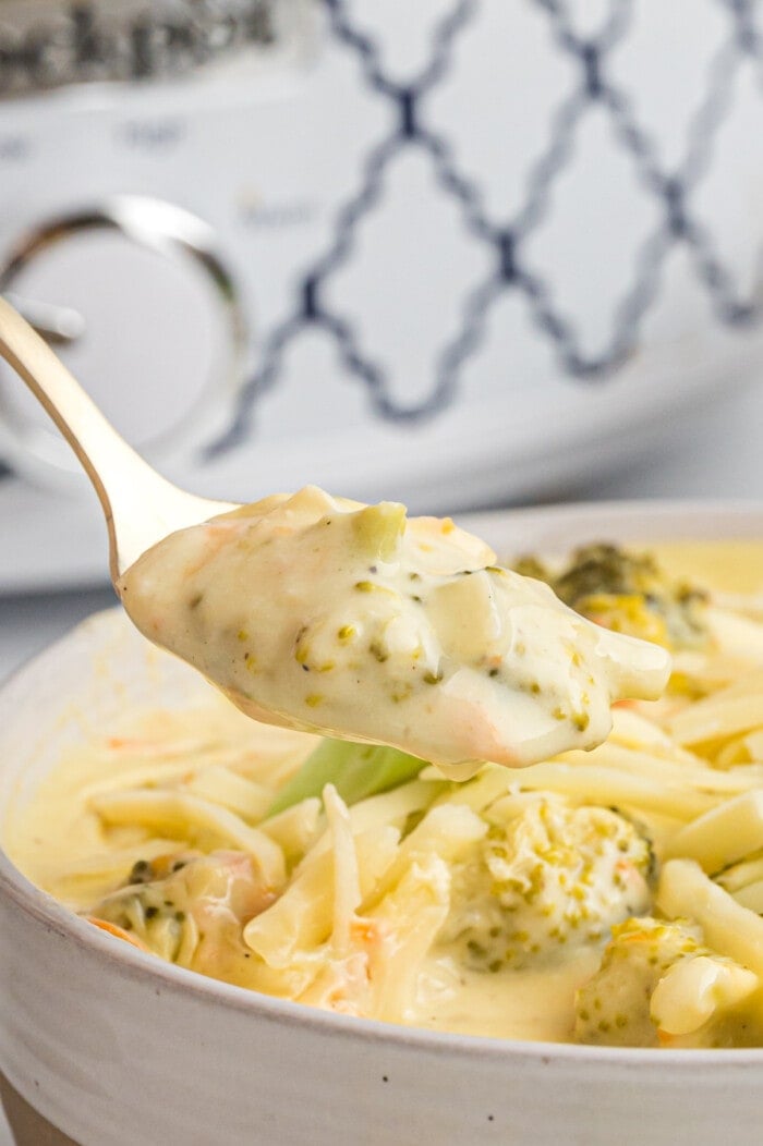 spoon with broccoli cheddar soup