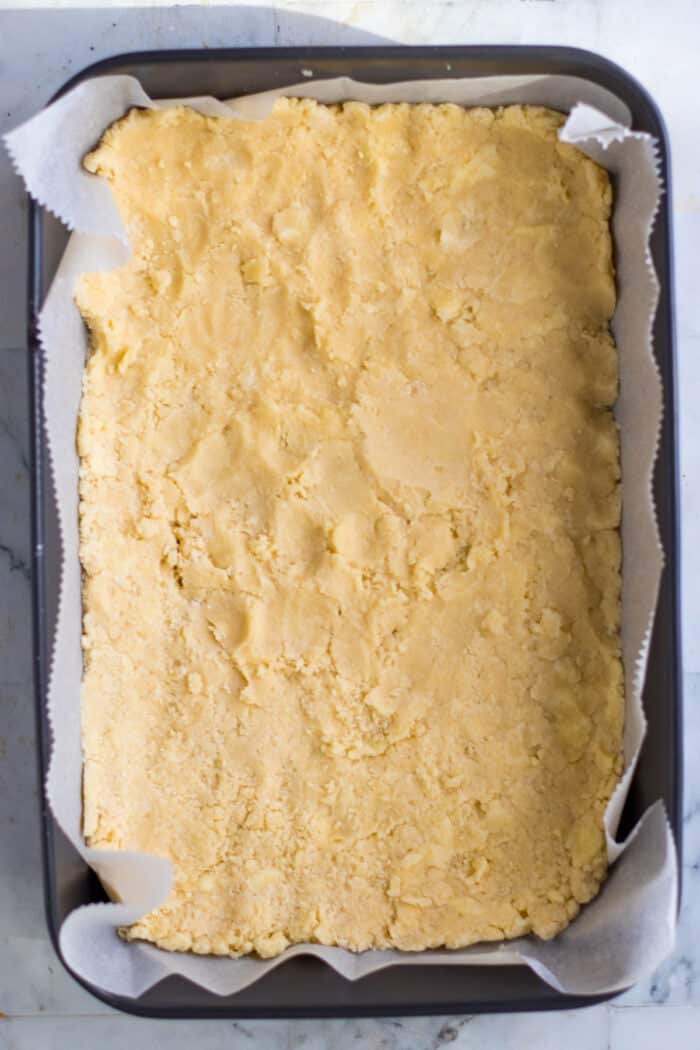 shortbread cookie layer in a pan