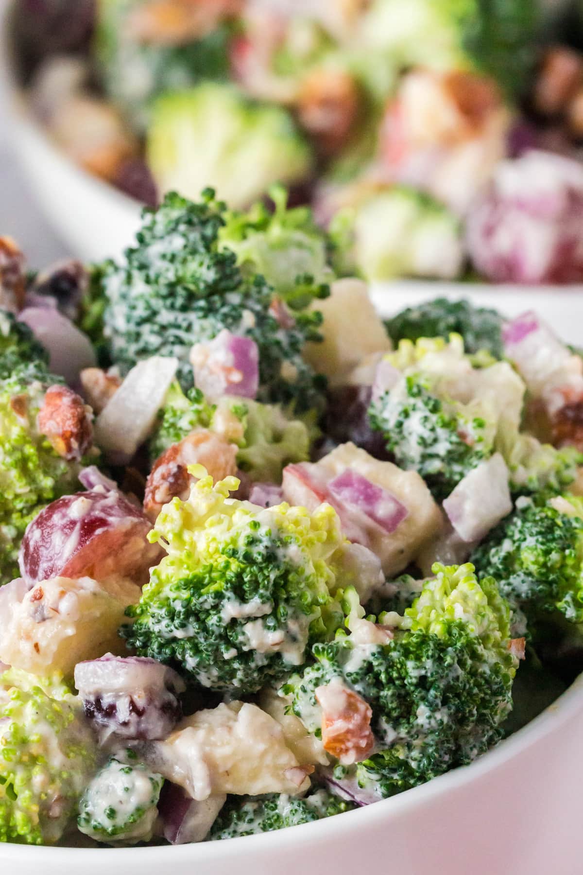 Close up of a bowl of healthy broccoli salad