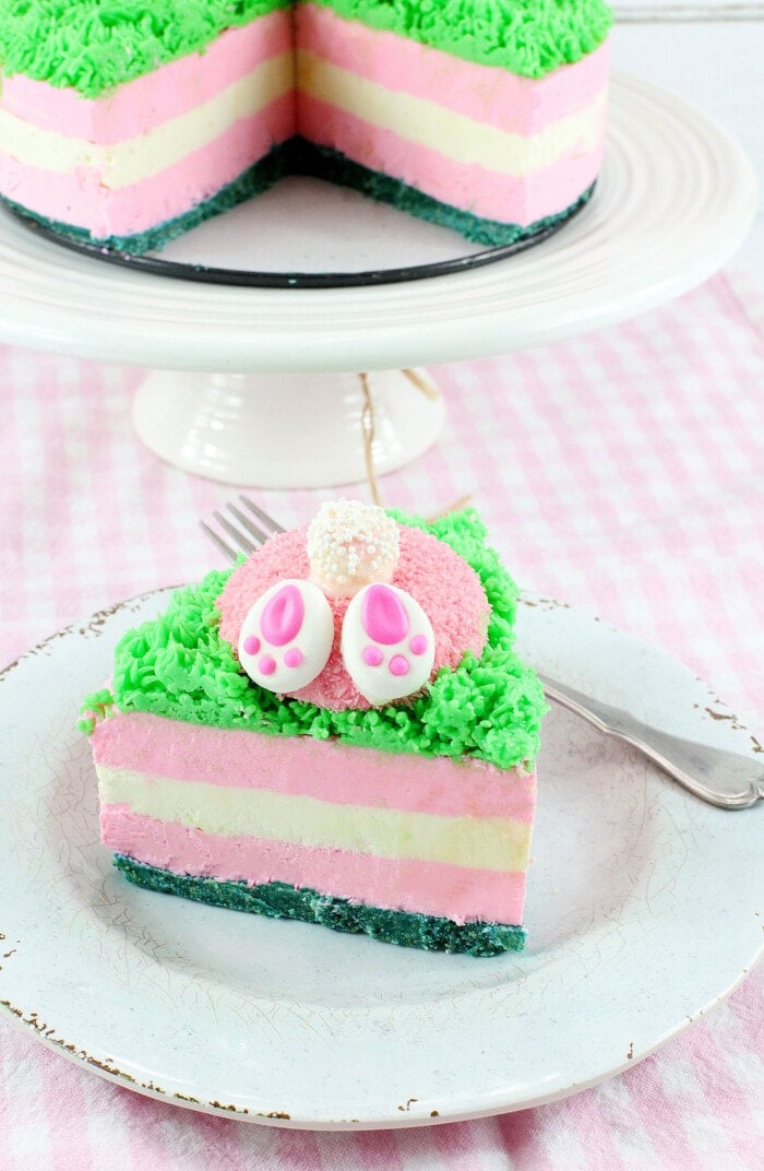Bunny Butt Cheesecake on a pink table cloth.