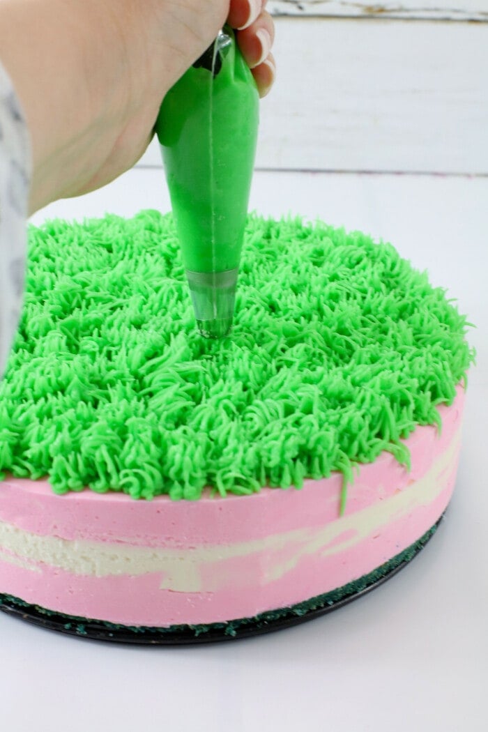 Adding the grass on top of the Bunny Butt Cheesecake.
