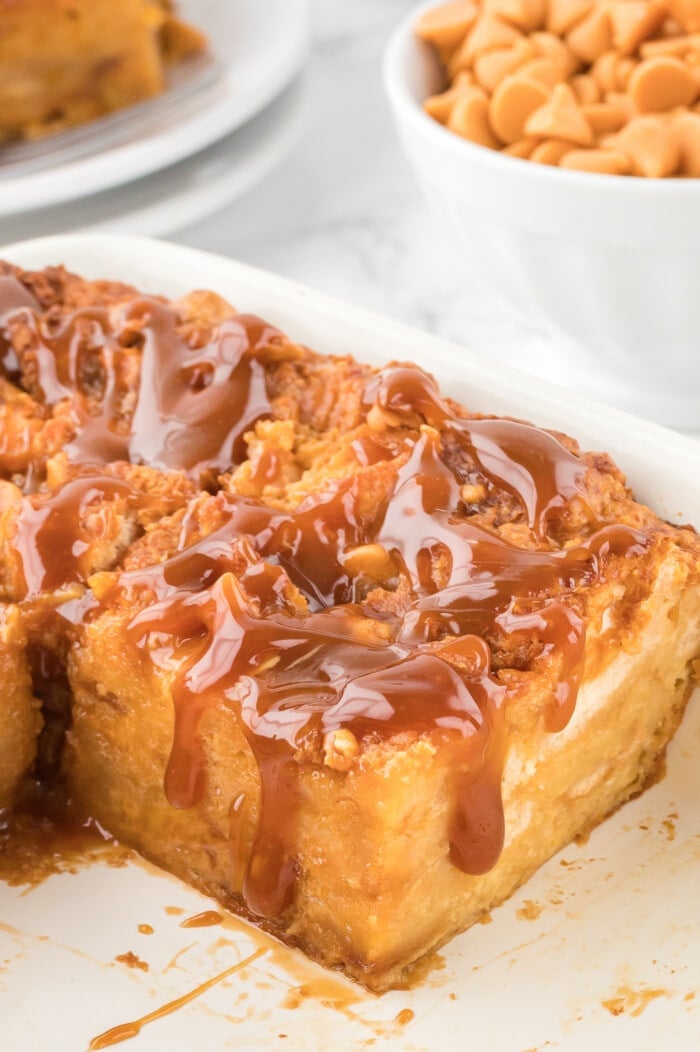 The Butterscotch Bread Pudding cut into squares.