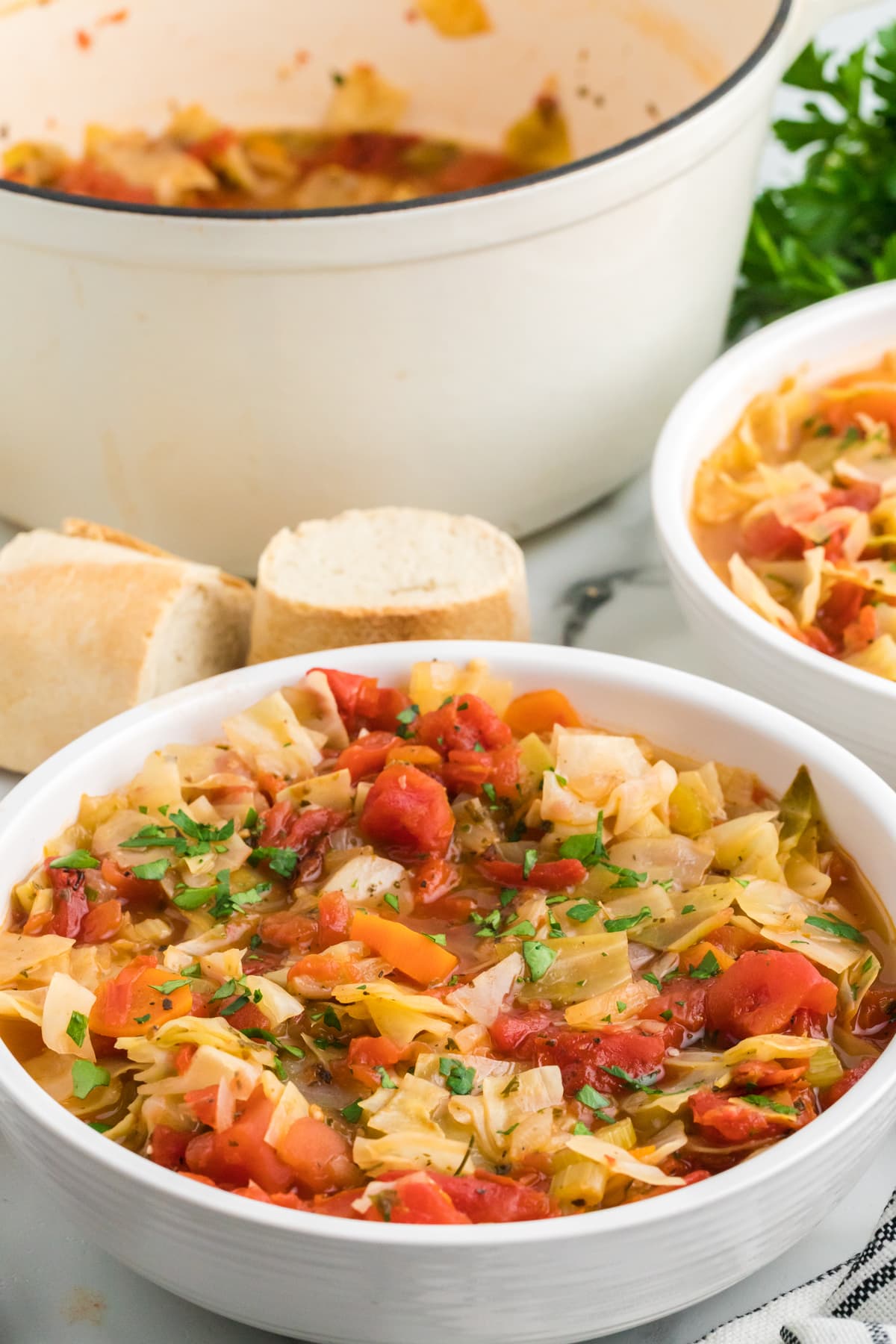 Angled view of a bowl of healthy cabbage soup