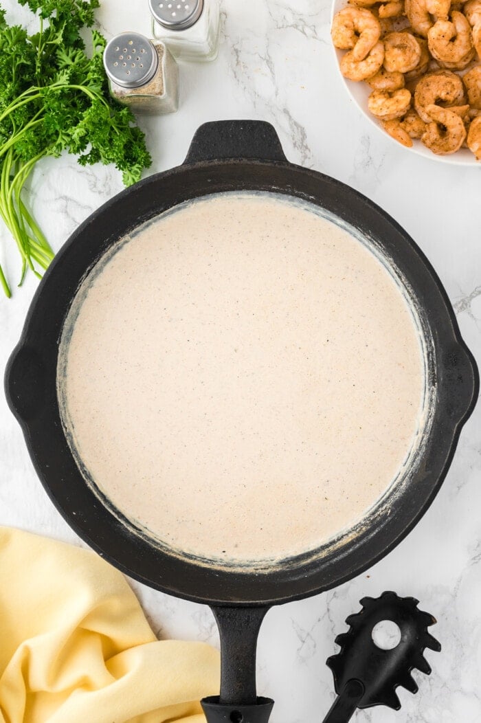 Creamy pasta sauce in a skillet