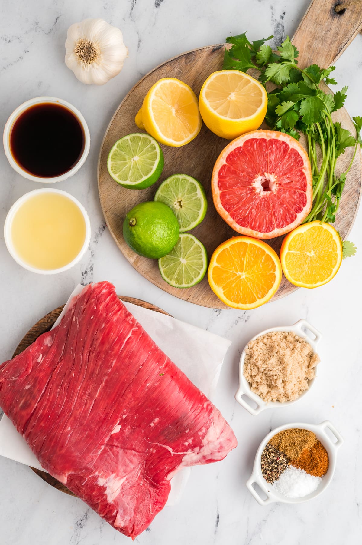 Overhead view of carne asada ingredients