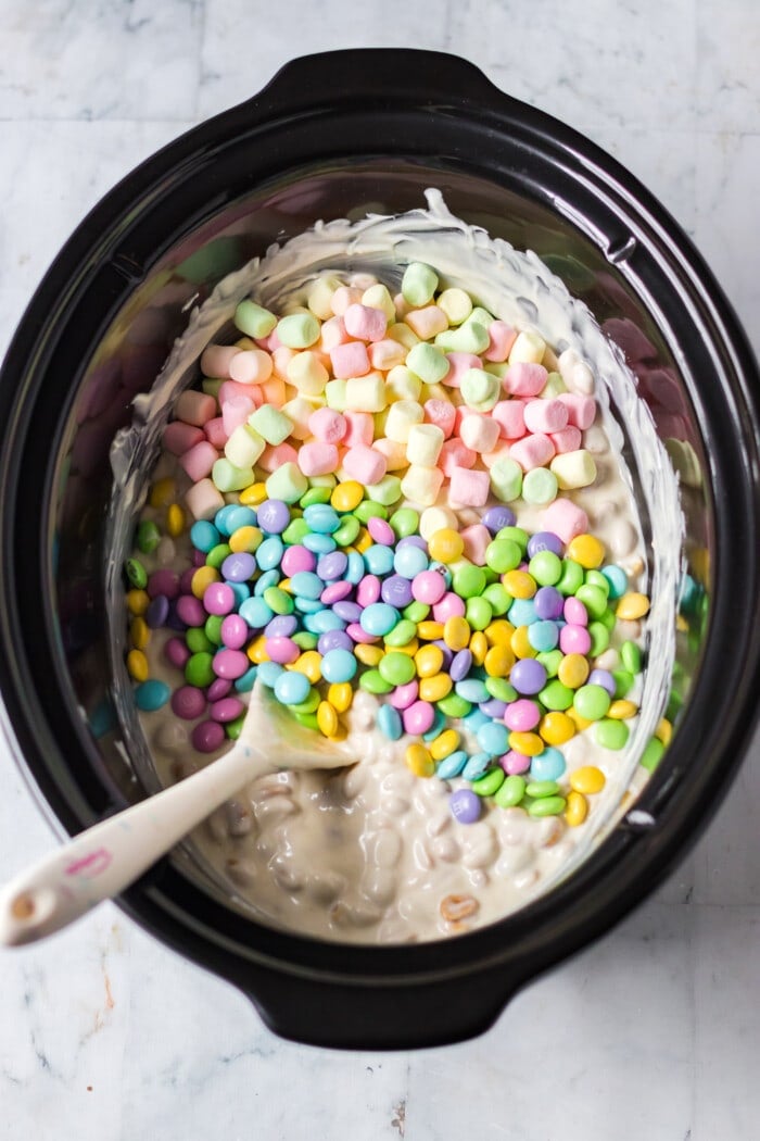 Adding the marshmallows and M&M's.