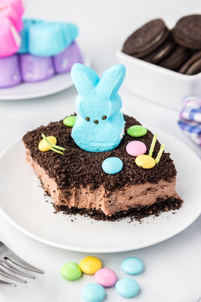 Easter Dirt Cake with a bite taken out.