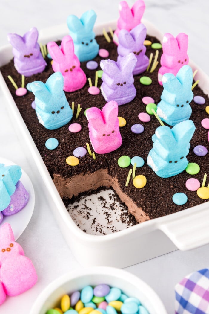 Easter Dirt Cake in a pan with a square cut out.
