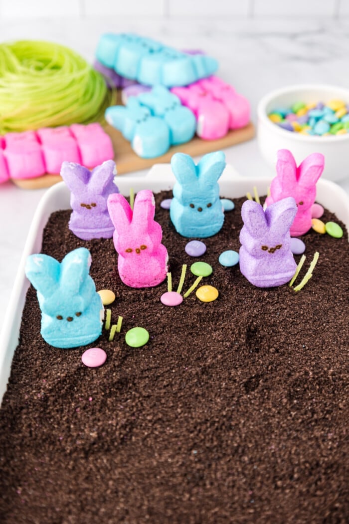 Adding the peeps onto the Easter Dirt Cake.