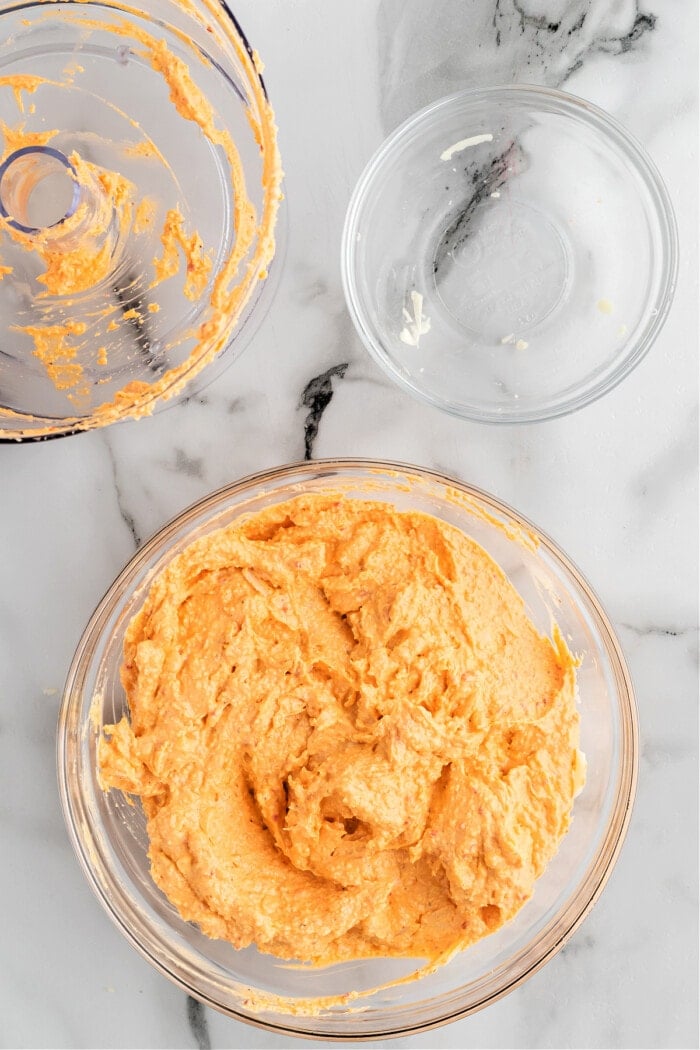pimento cheese in clear glass bowl
