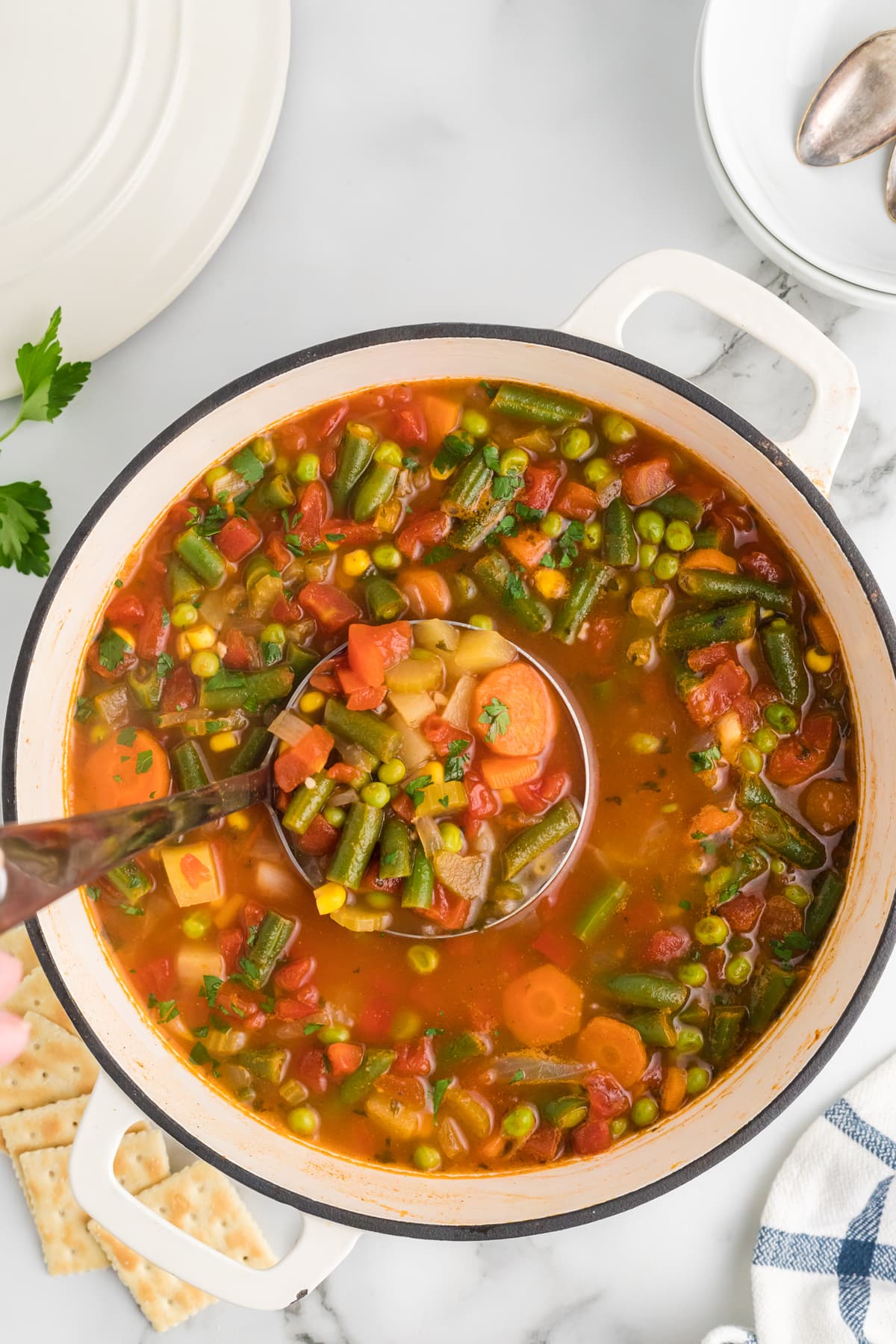 A ladle of easy vegetable soup above the pot