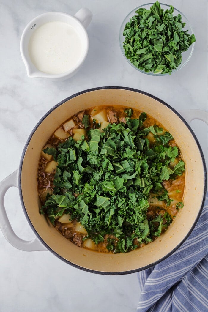 kale in dutch oven with zuppa soup