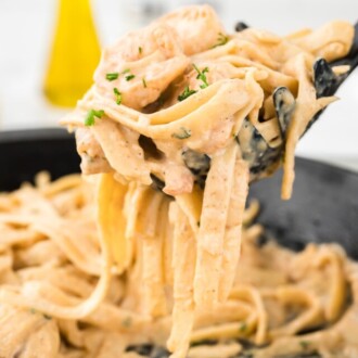 A spoonful of creamy lemon shrimp pasta over the pan