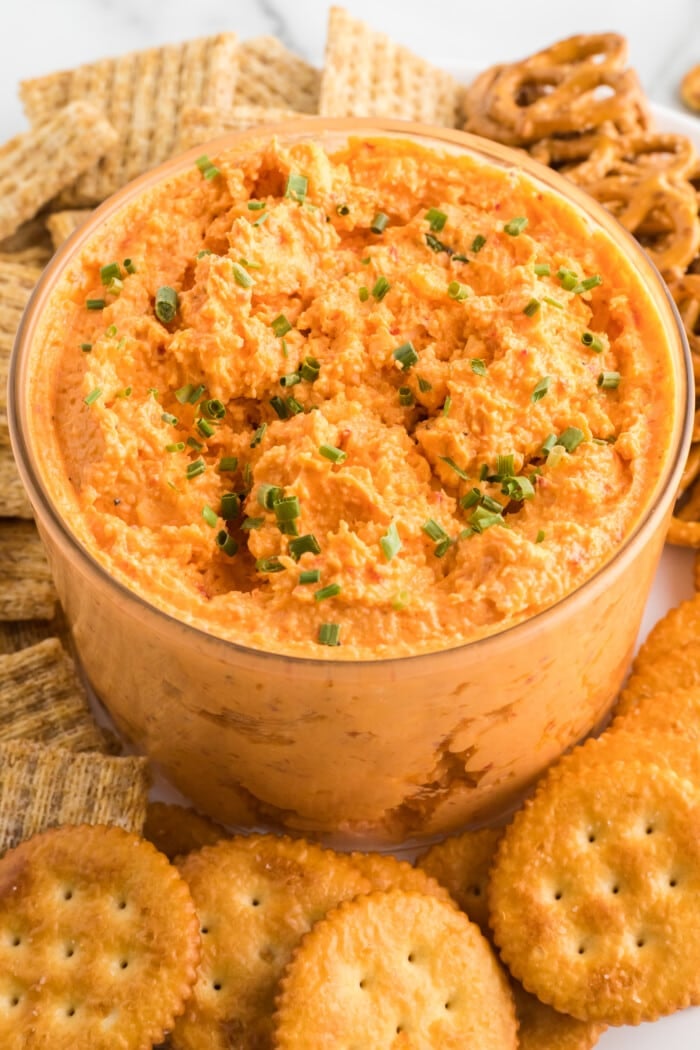 Pimento Cheese in a glass bowl with crackers