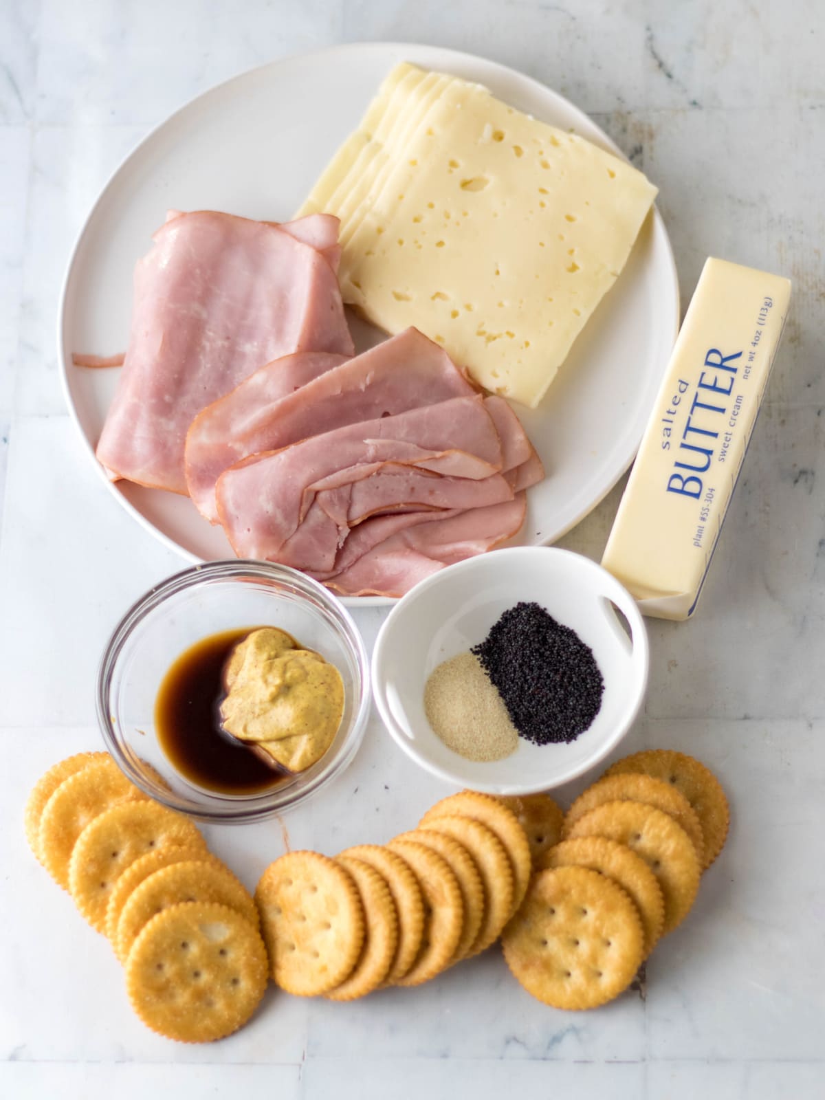 ham, cheese, crackers and glaze ingredients