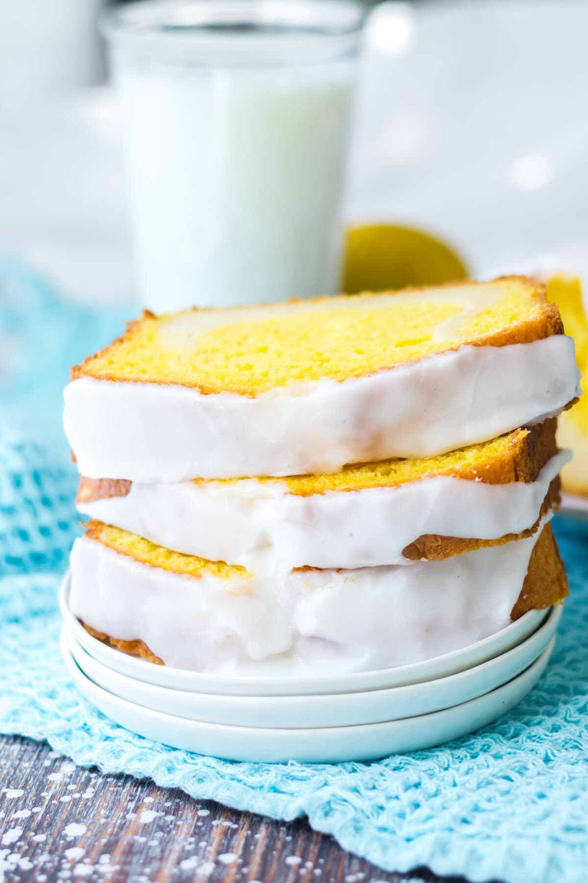 Lemon Cream Cheese Swirl Cake stacked slices