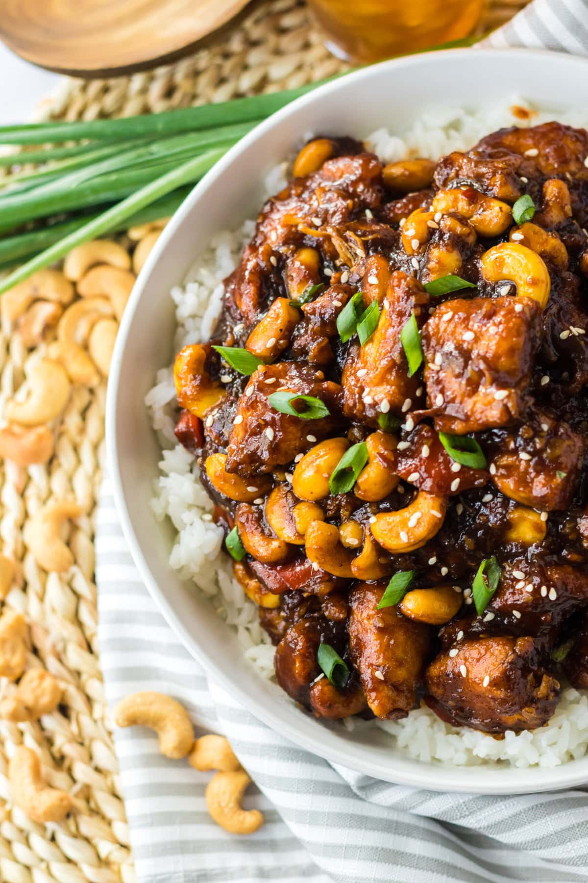 Crockpot Cashew Chicken on a table placemat.