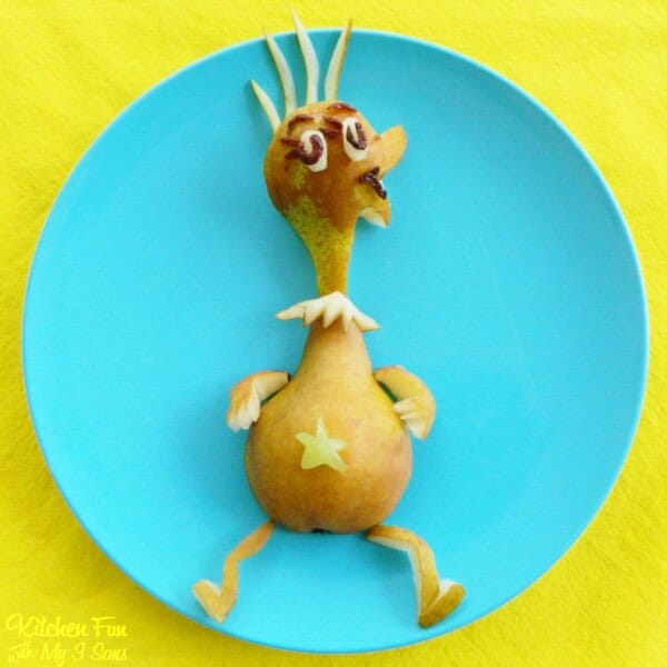 Dr. Seuss Sneetches Pear Fruit Snack on a blue plate