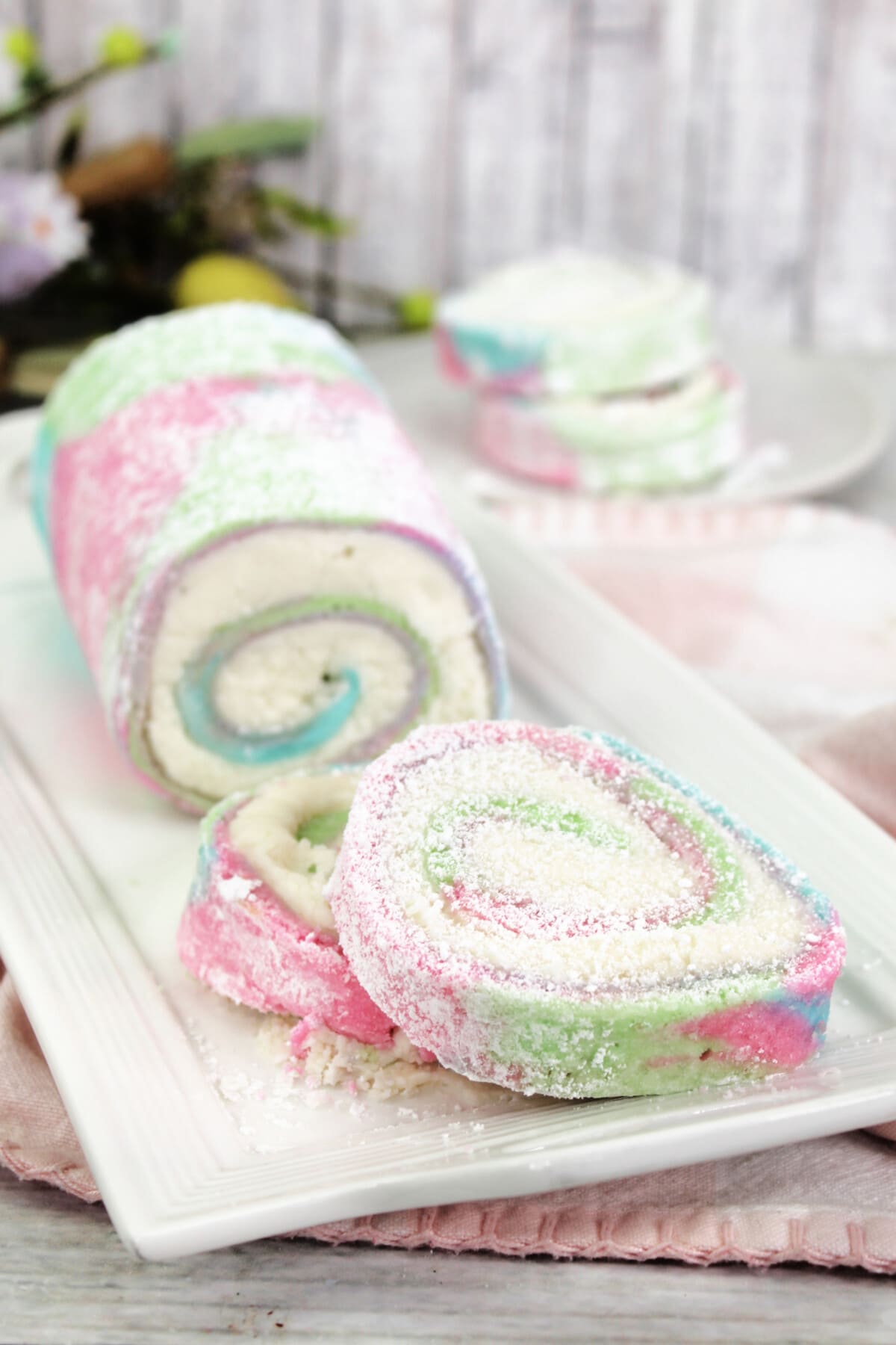 The Easter Cake Roll cut into slices.