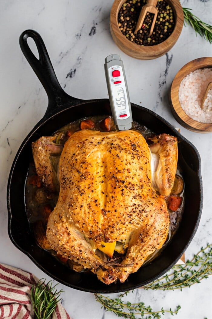 cooked chicken in cast iron skillet with meat thermometer