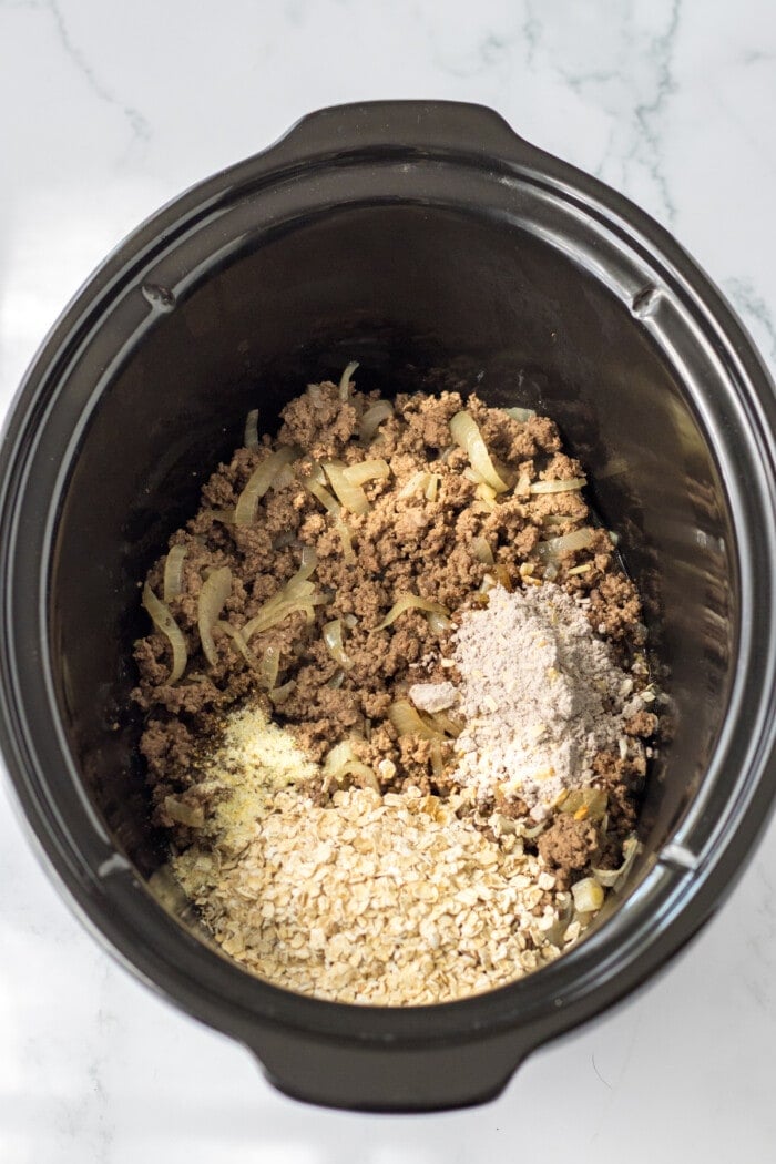 Adding the beef and mix.