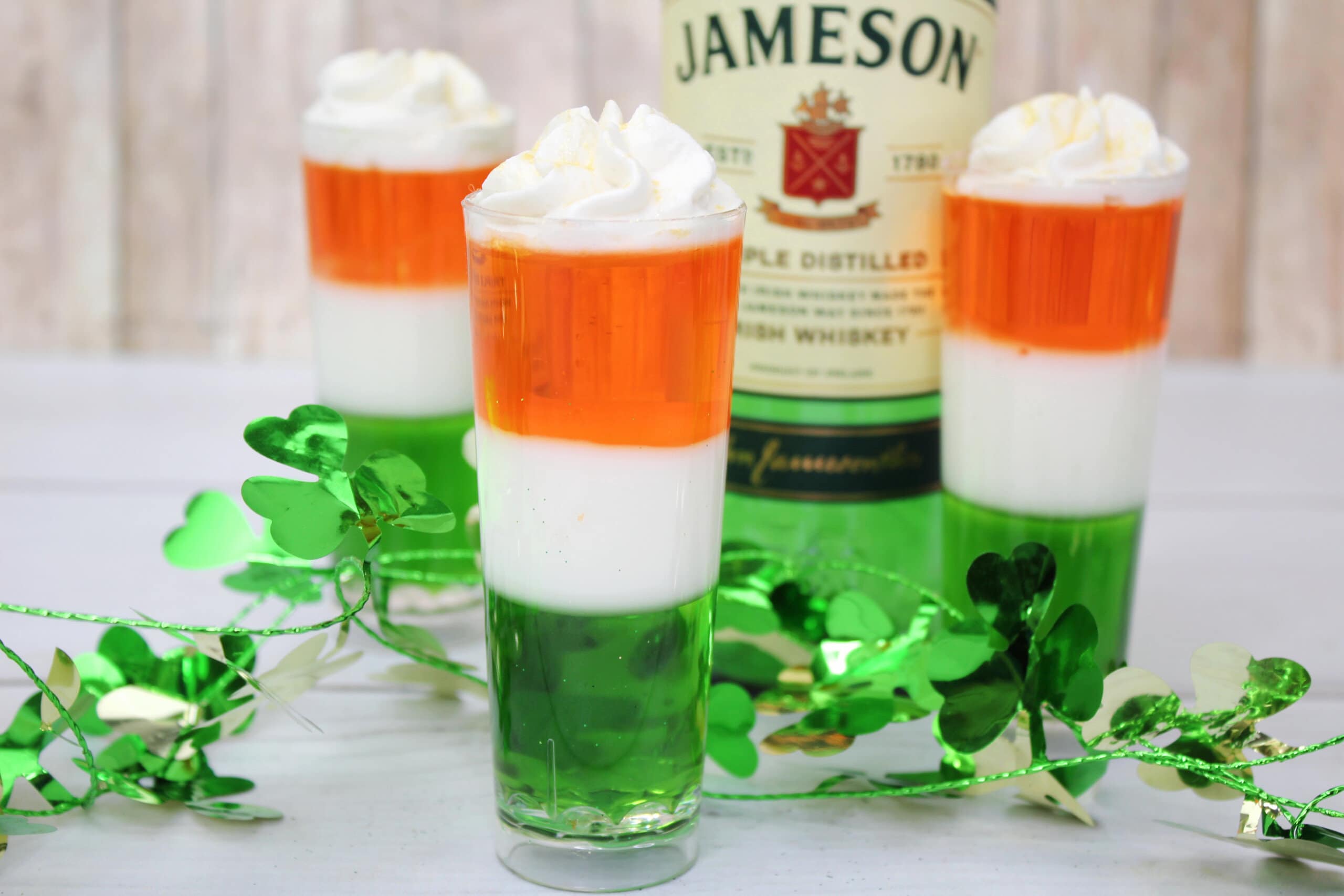 Irish Flag Jello Shots on a white table.