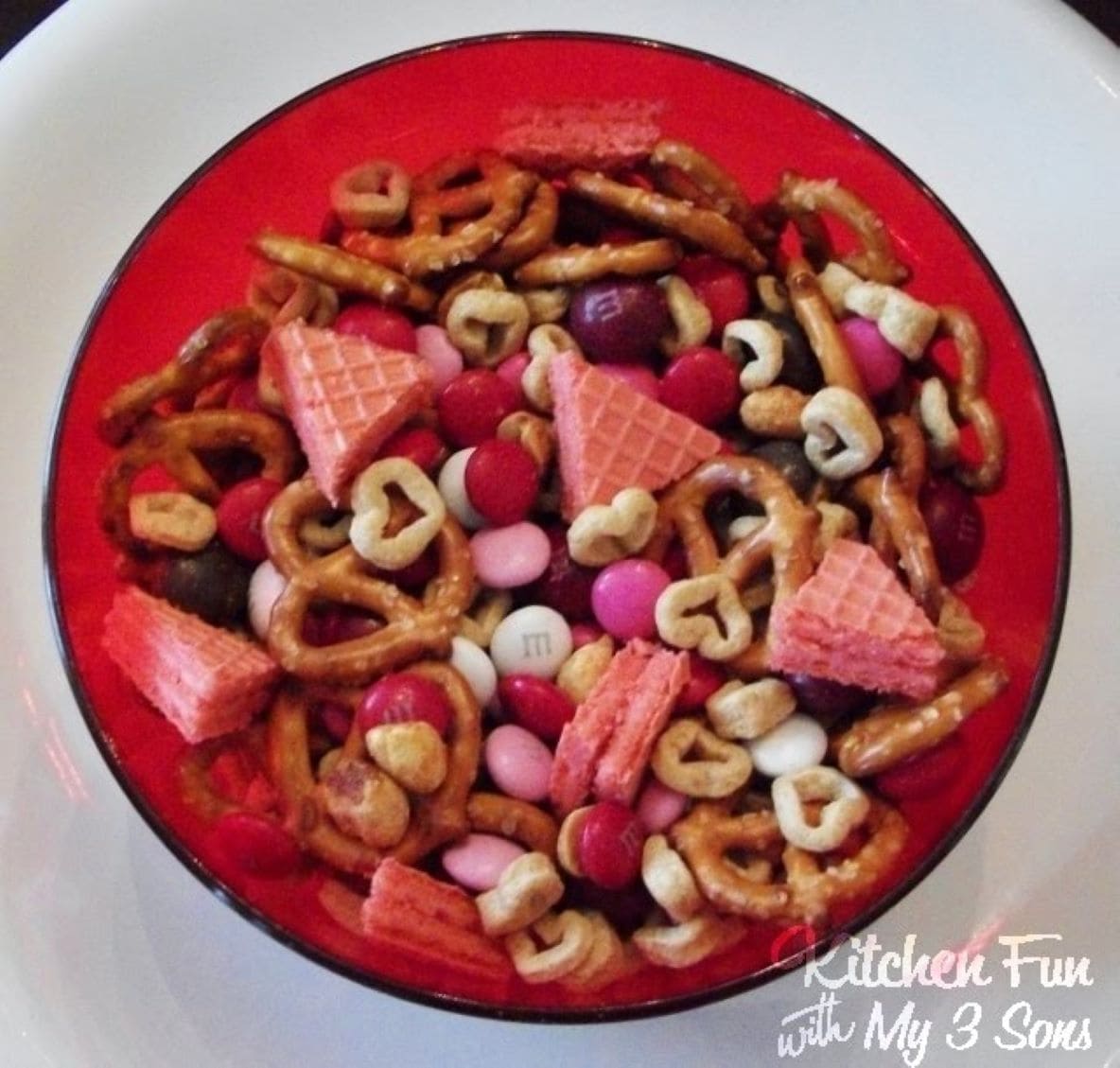 Valentine love snack mix in a bowl