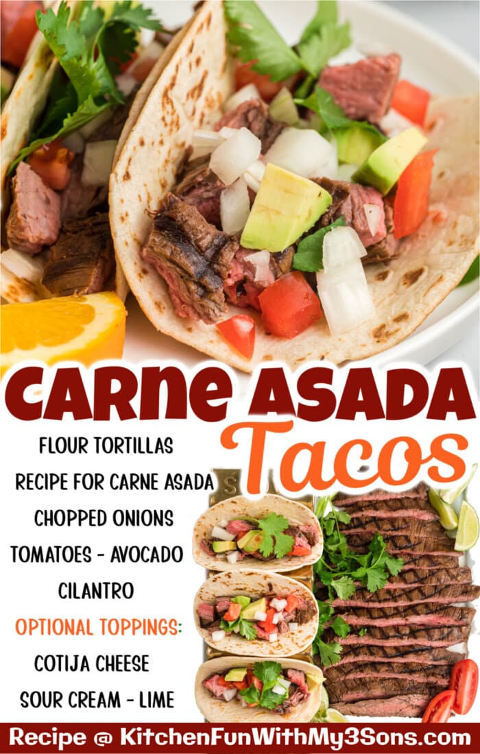 Carne Asada Tacos feature juicy, tender steak and toppings like cilantro, onion, tomato, and avocado. Perfect for an easy dinner!