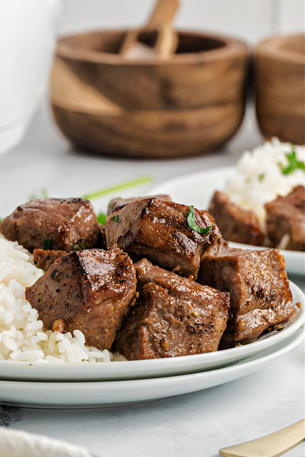 steak bites on white plate with rice