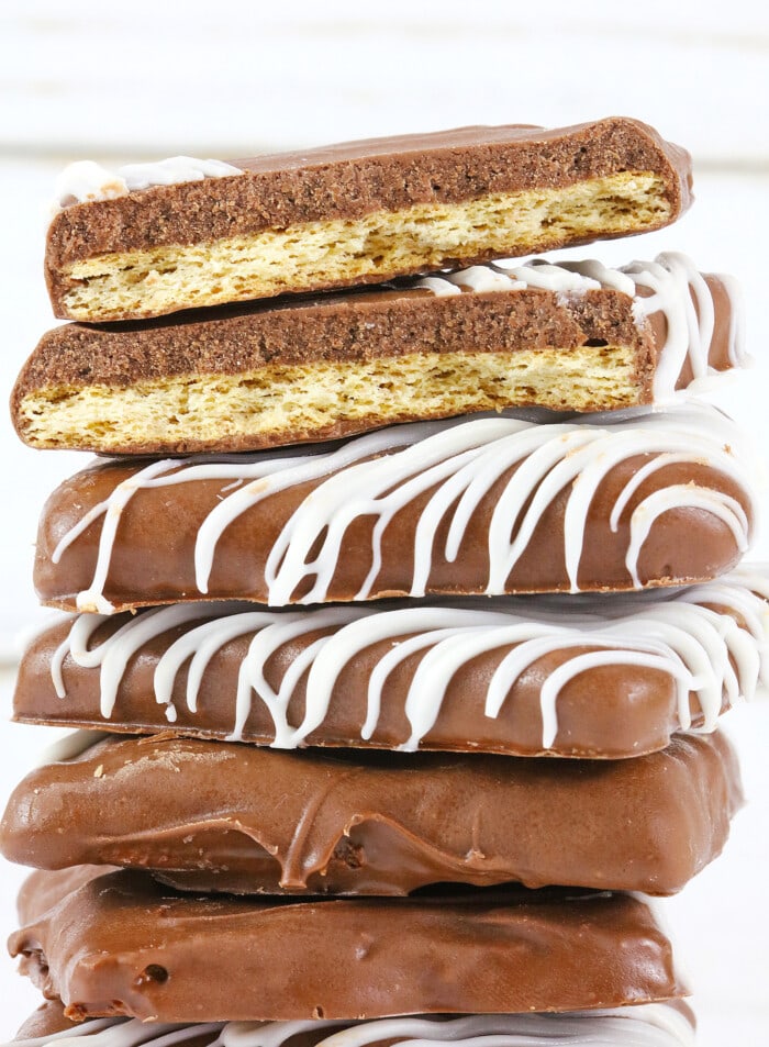 A stack of Chocolate-Covered Graham Crackers.