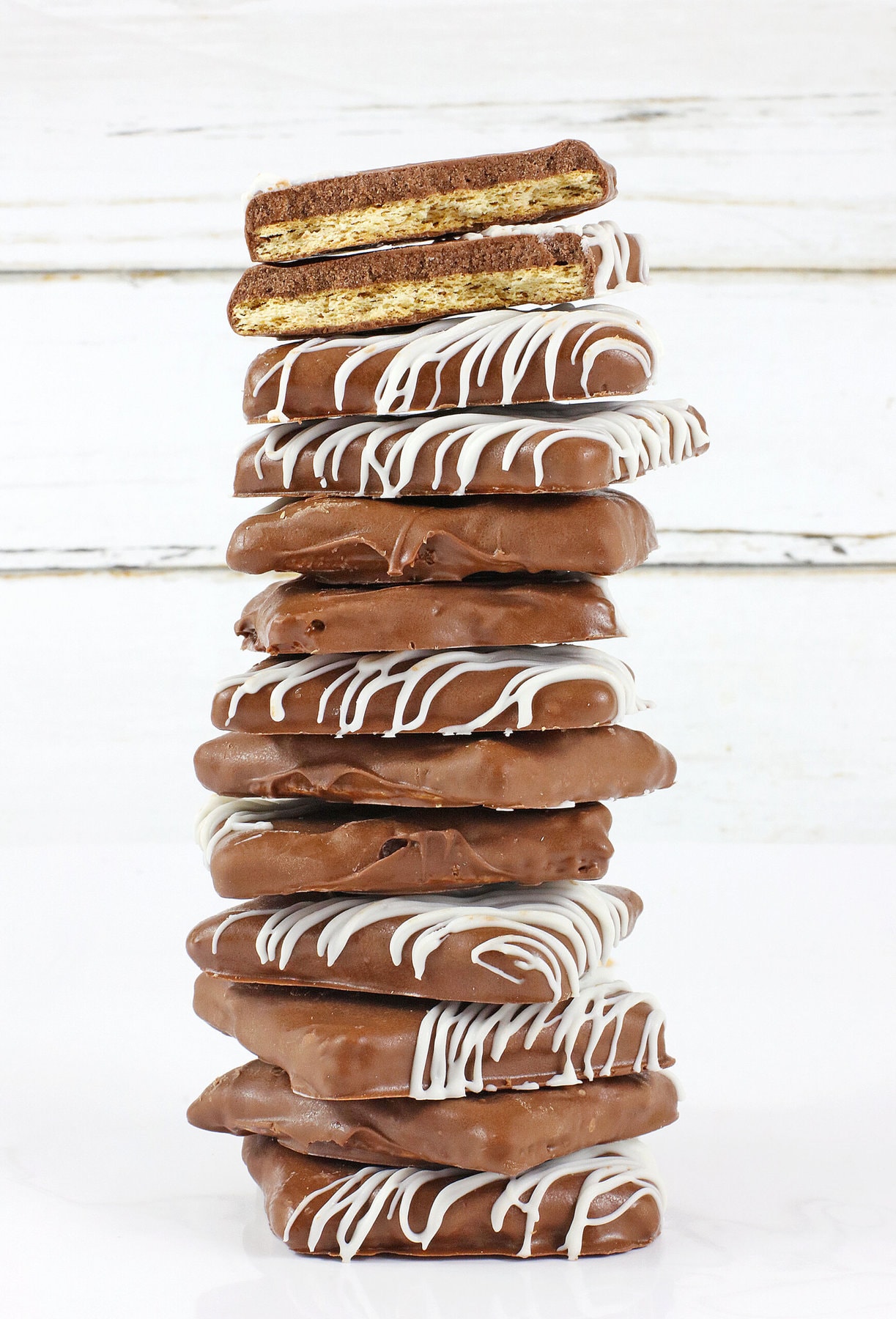 A large stack of Chocolate Covered Graham Crackers.