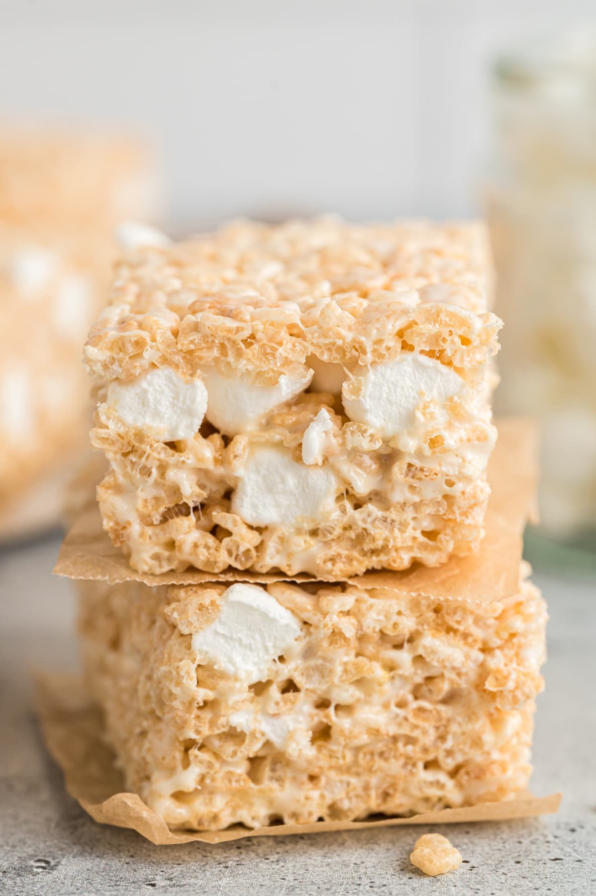 Two homemade Rice Krispie treats stacked on each other