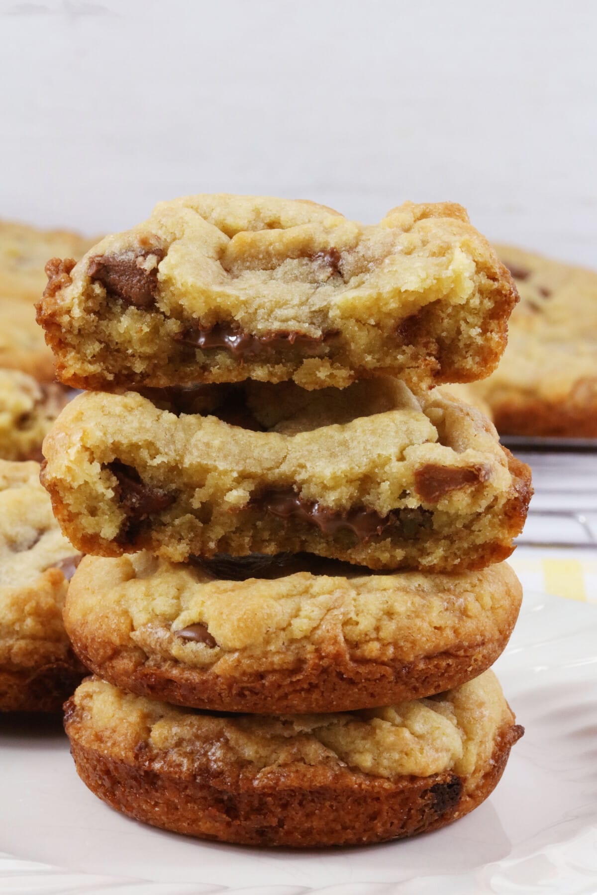 A stack of Deep Dish Chocolate Chip Cookies.
