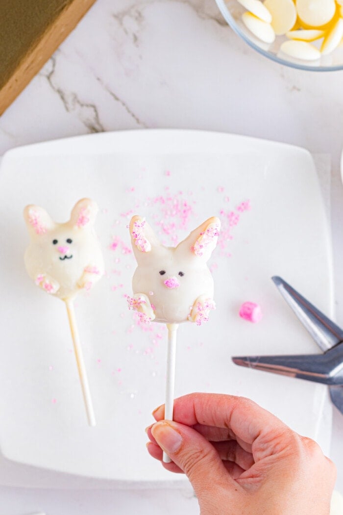 Adding the nose onto the Easter Cake Pops.
