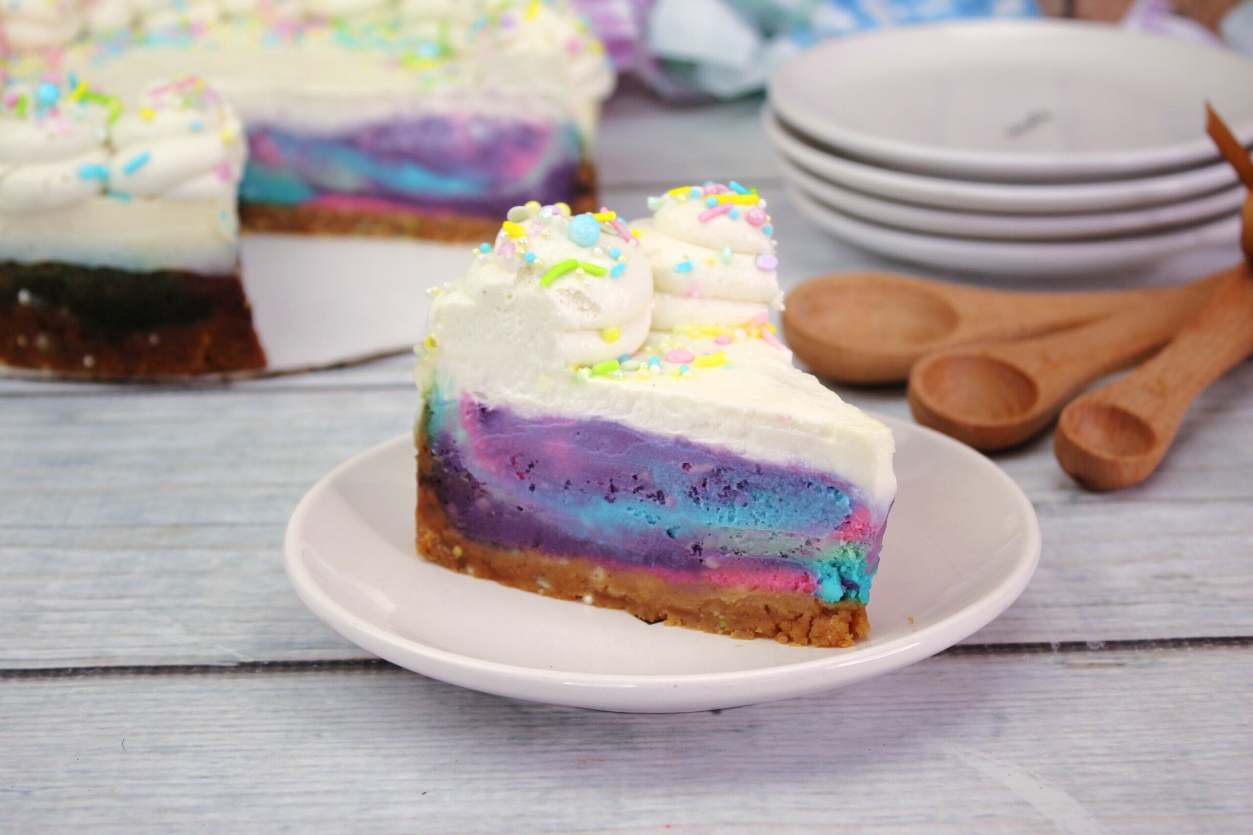 Easter Cheesecake on a wooden table.

