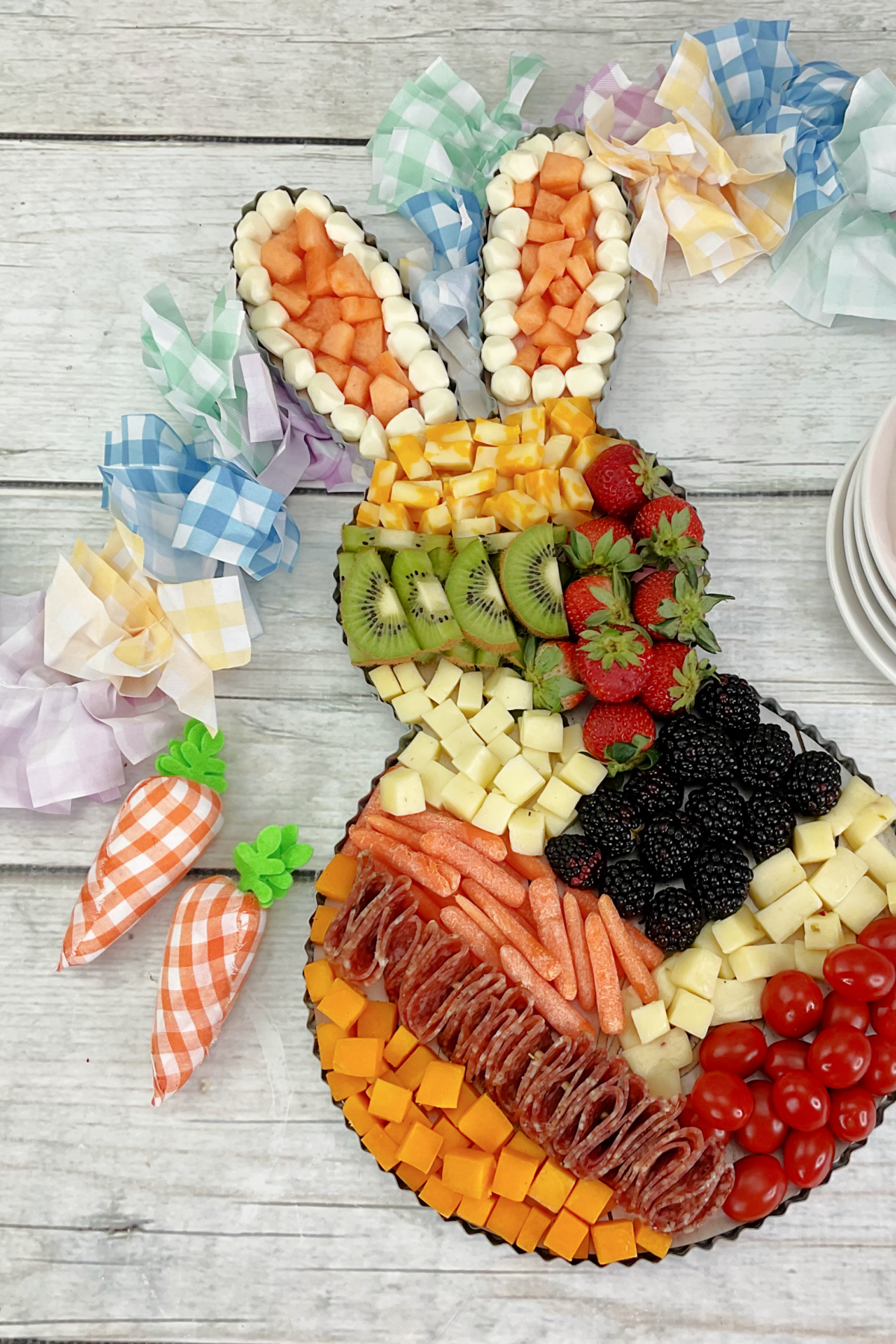Easter Fruit Tray with a blue decoration.