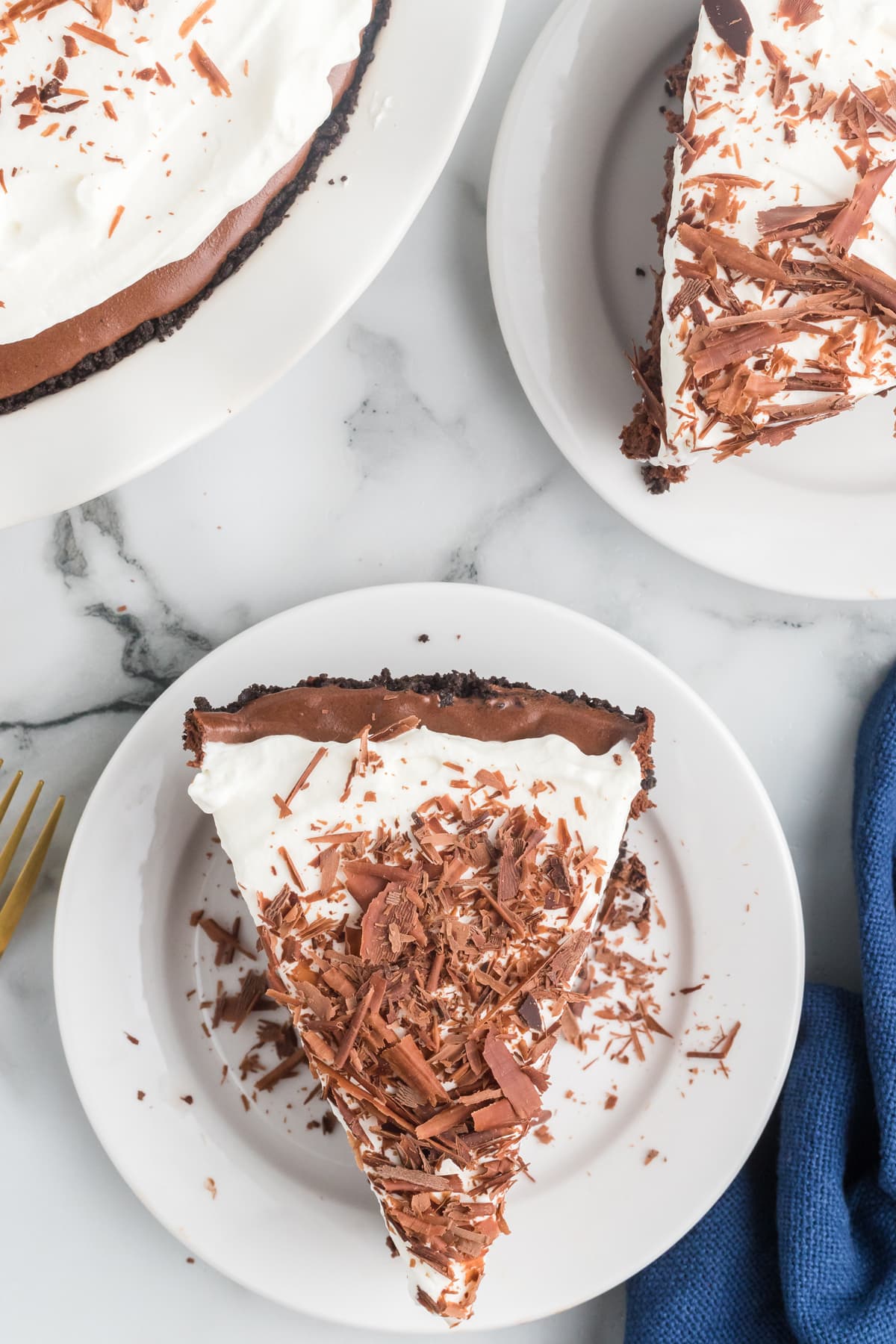 Overhead view of a slice of French silk pie on a plate