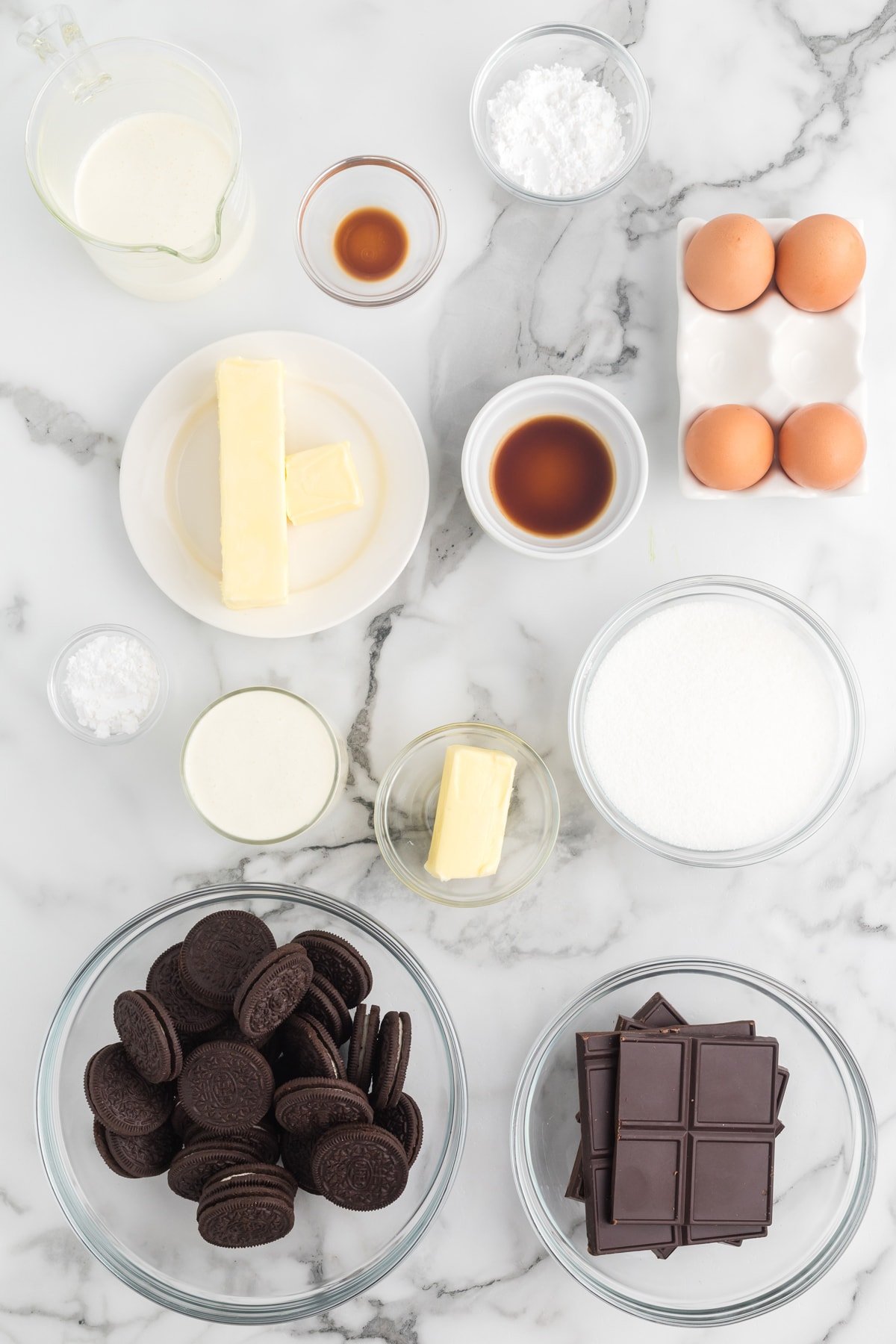 Overhead view of French silk pie ingredients